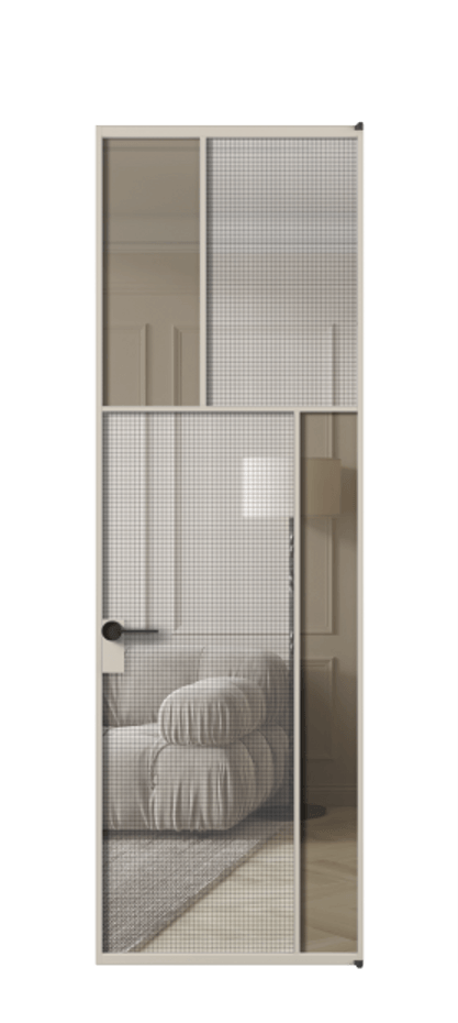 Межкомнатная дверь Mosaic АЛПЛ041.23 Алюминий светло-бежевый Декоративное стекло с сеткой "Mesh silver", триплекс, 6 мм + Прозрачное бронзовое стекло, триплекс Цена 171870 ₽ | Volhovec