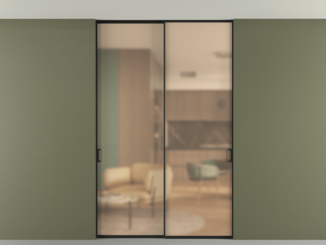 Перегородка Formato внутри проёма скрытое крепление в потолок 2 створки АЛПР 040.01 Алюминий Черный Сатинированное оранжевое стекло, триплекс Цена 233695 ₽ | Volhovec