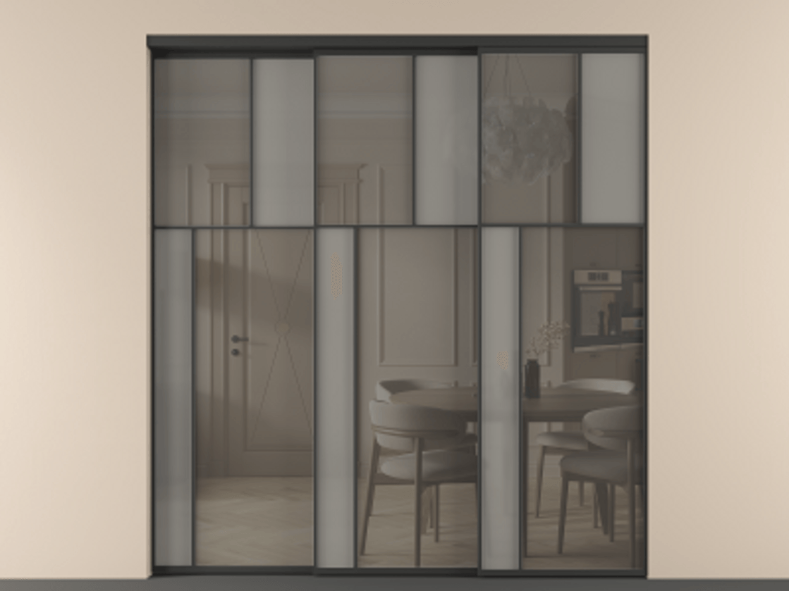 Перегородка Mosaic внутри проёма телескопик синхро 2 АЛПР 041.22 Алюминий Черный Сатинированное серое стекло, триплекс, 6 мм + Прозрачное серое стекло, триплекс Цена 393340 ₽ | Volhovec