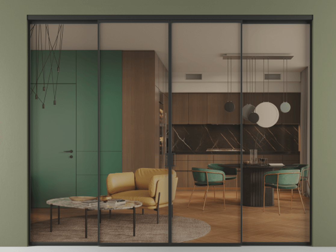 Перегородка Formato внутри проёма четырёхстворчатая АЛПР 040.01 Алюминий Черный Прозрачное бронзовое стекло, триплекс, 6 мм Цена 339600 ₽  | Volhovec