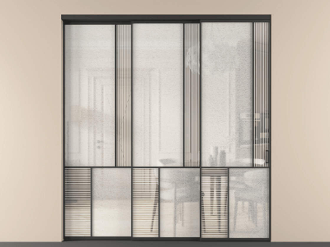 Перегородка Mosaic внутри проёма телескопик синхро 2 АЛПР 041.21 Алюминий Черный Рифлёное стекло "Дюна", триплекс, 6 мм + Фактурное стекло "Лёд", триплекс Цена 417340 ₽ | Volhovec