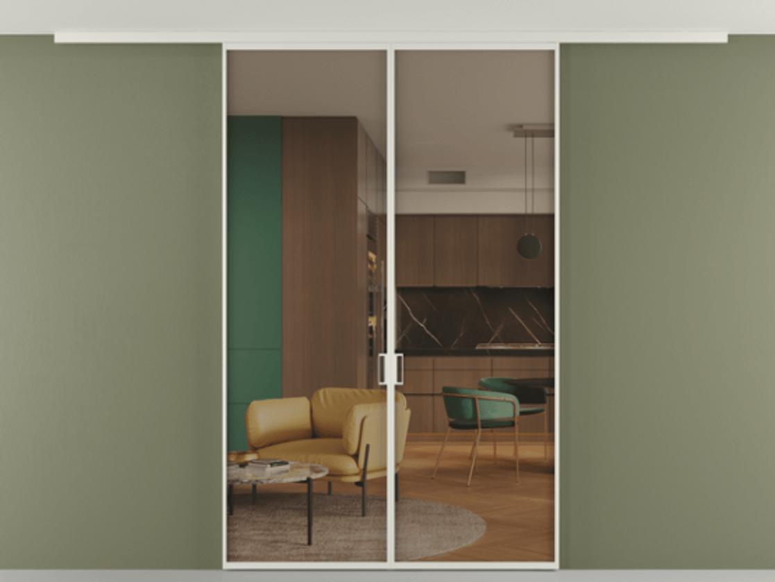 Перегородка Formato вдоль стены на потолок двустворчатая АЛПР 040.01 Алюминий Белый Прозрачное бронзовое стекло, триплекс, 6 мм Цена 195500 ₽ | Volhovec