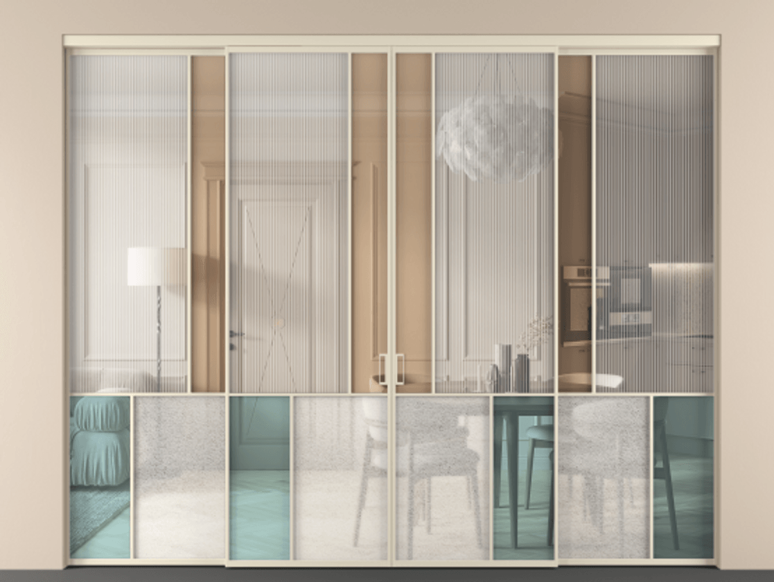 Перегородка Mosaic внутри проёма 4 створки АЛПР 041.20 Алюминий бежево-серый Комбинация стекол Группы 1 и Группы 3 Цена 484920 ₽ | Volhovec