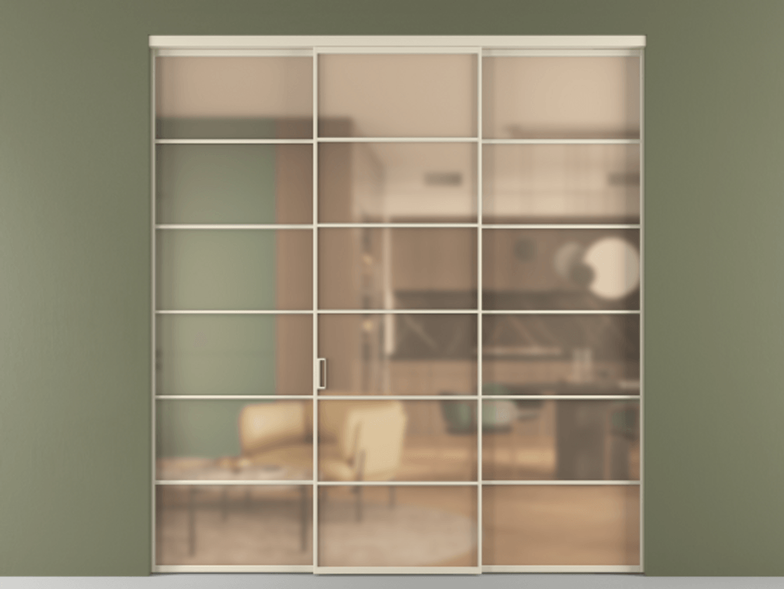 Перегородка Формато внутри проёма 3 створки АЛПР 040.04 Алюминий бежево-серый Сатинированное оранжевое стекло, триплекс Цена 267260 ₽ | Volhovec