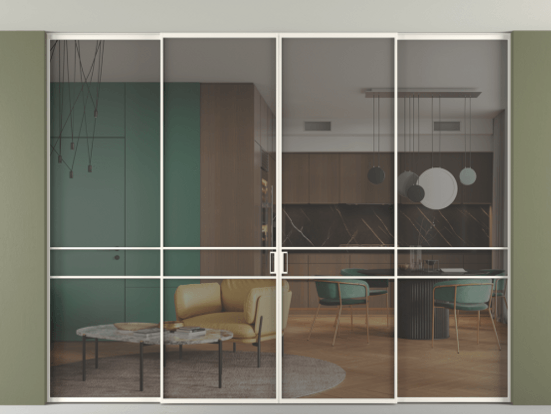 Перегородка Formato внутри проёма скрытое крепление в потолок 4 створки АЛПР 040.02 Алюминий пудровый белый Прозрачное серое стекло, триплекс. Цена 523140 ₽ 1. Полотно 4 шт. (800/2100 мм)
2. Комплект установки раздвижной системы
3. Базовый комплект фурнитуры
4.Ручка RONDO. Фабрика дверей Волховец 8 (800) 551 43 19 Перегородка Formato внутри проёма скрытое крепление в потолок 4 створки АЛПР 040.02 Алюминий пудровый белый Прозрачное серое стекло, триплекс Цена 523140 ₽ | Volhovec