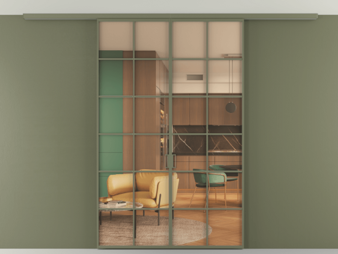 Перегородка Formato вдоль стены на потолок 2 створки АЛПР 040.05 Алюминий оливковый тёмный Прозрачное оранжевое стекло, триплекс Цена 208604 ₽ | Volhovec