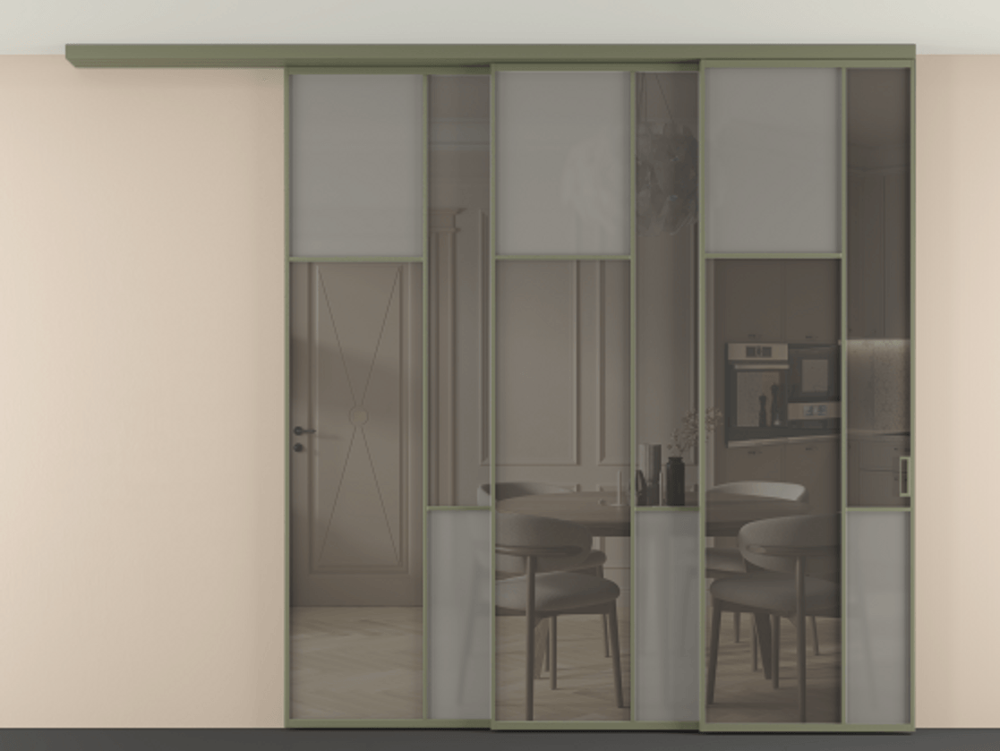 Перегородка Mosaic вдоль стены на потолок 3 створки с синхронным механизмом АЛПР 041.10 Алюминий оливковый тёмный Сатинированное серое стекло, триплекс, 6 мм + Прозрачное серое стекло, триплекс Цена 498520 ₽ | Volhovec