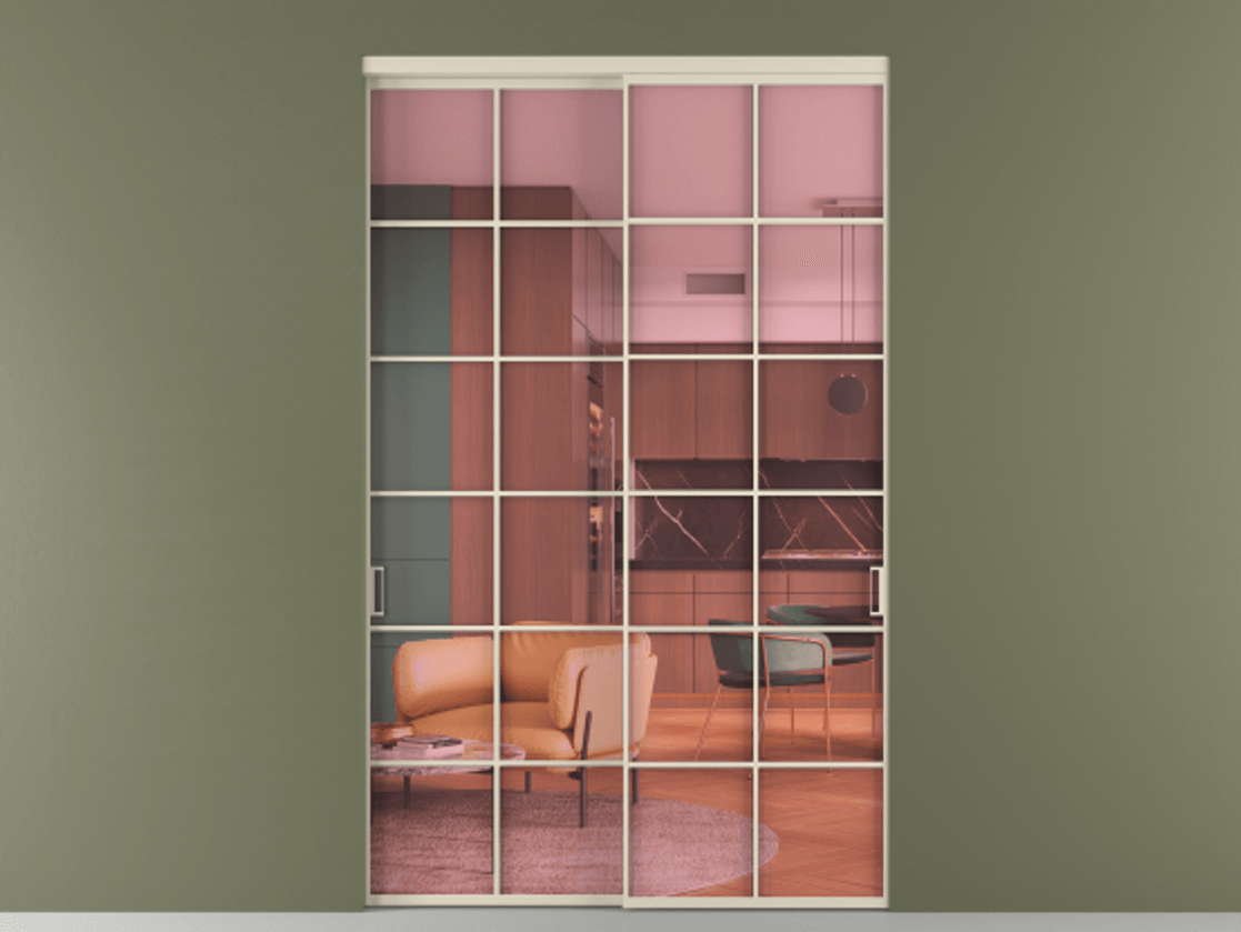 Перегородка Formato внутри проёма 2 створки АЛПР 040.05 Алюминий бежево-серый Прозрачное розовое стекло, триплекс Цена 444740 ₽  | Volhovec