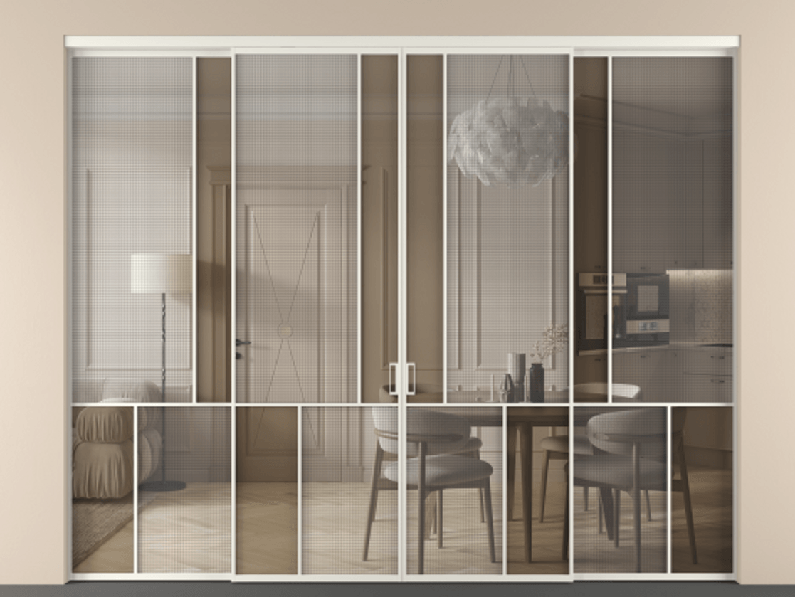 Перегородка Mosaic внутри проёма 4 створки АЛПР 041.20 Алюминий Белый Декоративное стекло с сеткой "Mesh silver", триплекс, 6 мм + Прозрачное бронзовое стекло, триплекс. Скрытый короб БЕЛ Цена 465960 ₽ . Фабрика дверей Волховец 8 (800) 551 43 19 Перегородка Mosaic внутри проёма 4 створки АЛПР 041.20 Алюминий Белый Декоративное стекло с сеткой "Mesh silver", триплекс, 6 мм + Прозрачное бронзовое стекло, триплекс Цена 465960 ₽ | Volhovec