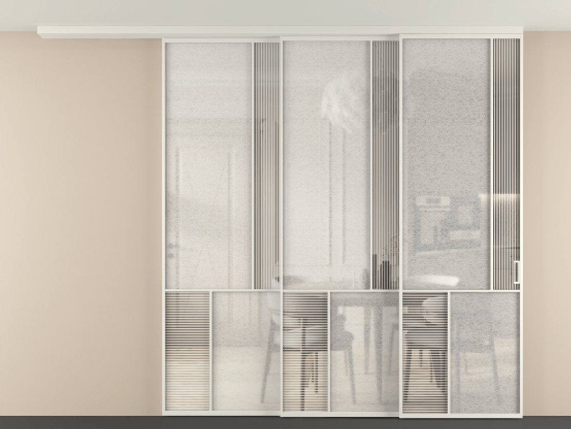 Перегородка Mosaic вдоль стены на потолок 3 створки с синхронным механизмом АЛПР 041.21 Алюминий Белый Рифлёное стекло "Дюна", триплекс, 6 мм + Фактурное стекло "Лёд", триплекс. Скрытый короб БЕЛ Цена 498680 ₽ . Фабрика дверей Волховец 8 (800) 551 43 19 Перегородка Mosaic вдоль стены на потолок 3 створки с синхронным механизмом АЛПР 041.21 Алюминий Белый Рифлёное стекло "Дюна", триплекс, 6 мм + Фактурное стекло "Лёд", триплекс Цена 498680 ₽ | Volhovec