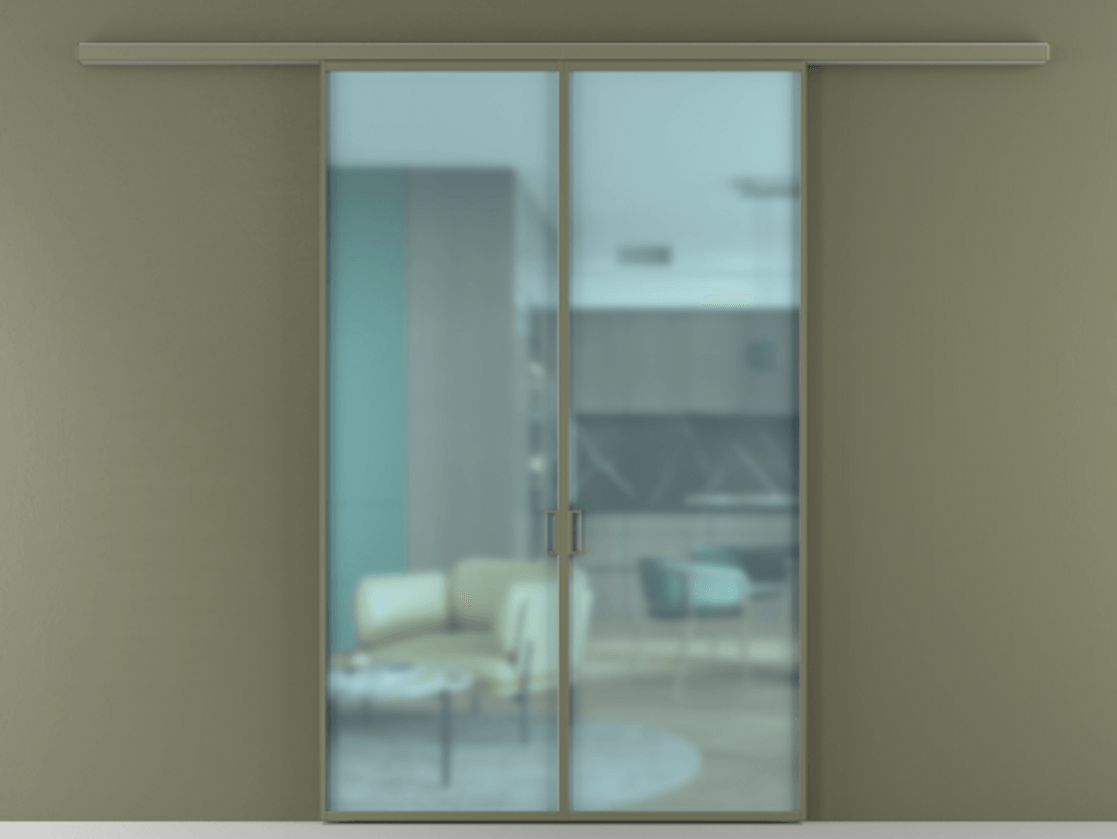 Перегородка Formato вдоль стены 2 створки АЛПР 040.01 Алюминий оливковый тёмный Сатинированное голубое стекло, триплекс Цена 194320 ₽ | Volhovec