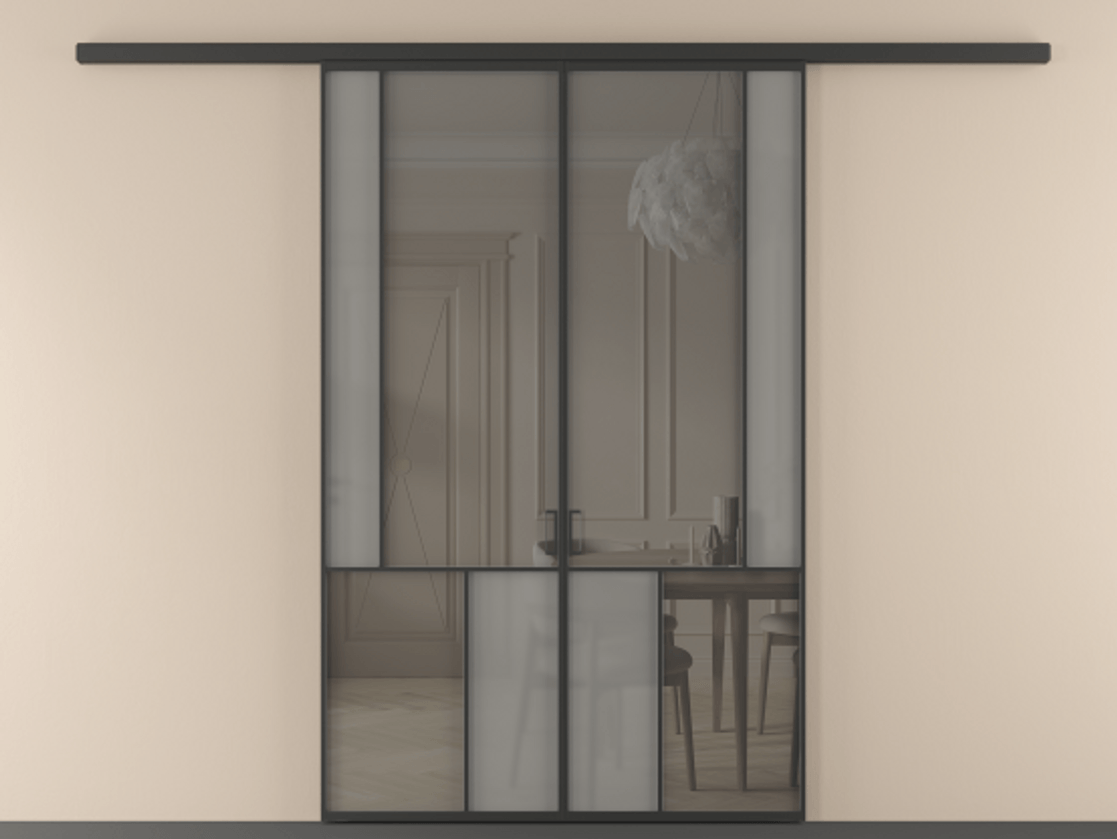 Перегородка Mosaic вдоль стены 2 створки АЛПР 041.21 Алюминий Черный Сатинированное серое стекло, триплекс, 6 мм + Прозрачное серое стекло, триплекс Цена 254080 ₽ | Volhovec