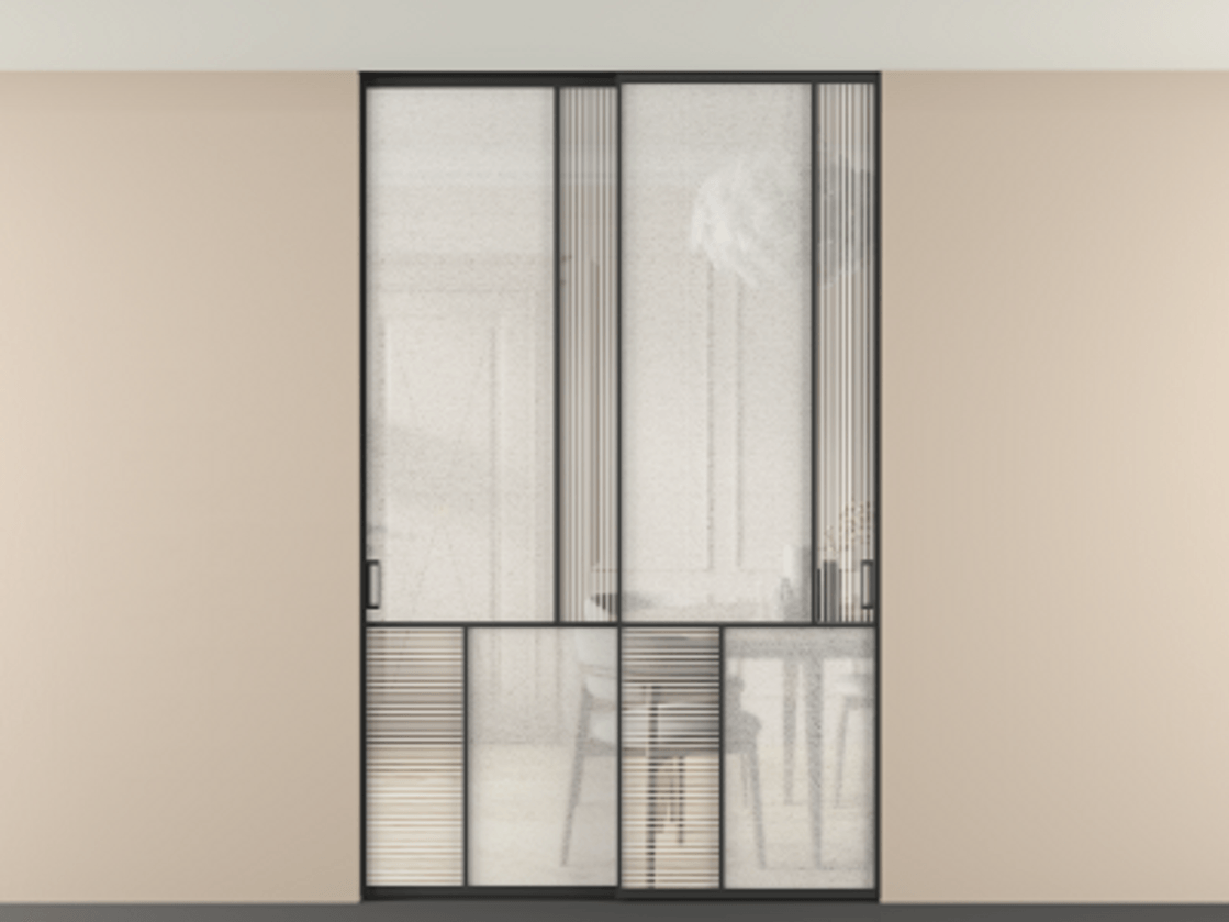 Перегородка Mosaic внутри проёма двустворчатая со скрытым креплением в потолок АЛПР 041.21 Алюминий Черный Рифлёное стекло "Дюна", триплекс, 6 мм + Фактурное стекло "Лёд", триплекс. Скрытый короб ЧЕР Цена 331020 ₽ . Фабрика дверей Волховец 8 (800) 551 43 19 Перегородка Mosaic внутри проёма двустворчатая со скрытым креплением в потолок АЛПР 041.21 Алюминий Черный Рифлёное стекло "Дюна", триплекс, 6 мм + Фактурное стекло "Лёд", триплекс Цена 331020 ₽ | Volhovec