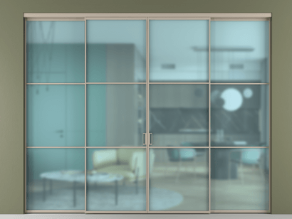 Алюминевая перегородка АЛПР 040.03_АБСК_САТ ГОЛ_new. Цвет Алюминий бисквитный. Материал Алюминий в эмали. Коллекция Перегородка Formato внутри проёма четырёхстворчатая. Картинка.