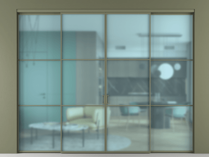 Алюминевая перегородка АЛПР 040.03_АОТ_САТ ГОЛ_new. Цвет Алюминий оливковый тёмный. Материал Алюминий в эмали. Коллекция Перегородка Formato внутри проёма четырёхстворчатая. Картинка.