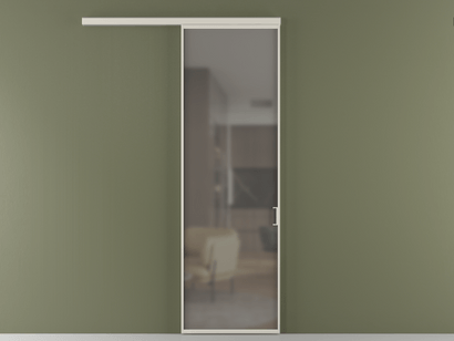 Алюминевая перегородка АЛПР 040.01_АОС_Серый сатин триплекс_new. Цвет Алюминий облачно-серый. Материал Алюминий в эмали. Коллекция Перегородка Formato вдоль стены одностворчатая. Картинка.