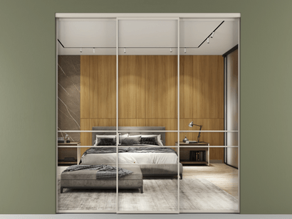 Алюминевая перегородка АЛПР 040.02_АСБЖ_Зеркало триплекс_new. Цвет Алюминий светло-бежевый. Материал Алюминий в эмали. Коллекция Перегородка Formato внутри проёма трёхстворчатая. Картинка.