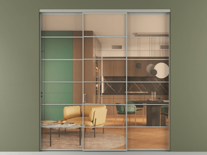 Алюминевая перегородка АЛПР 040.04_АНСР_ПРОЗ ОРАНЖ_new. Цвет Алюминий нейтральный серый. Материал Алюминий в эмали. Коллекция Перегородка Formato внутри проёма трёхстворчатая. Картинка.