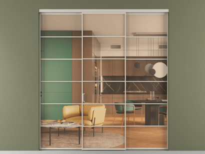 Алюминевая перегородка АЛПР 040.04_АСБЖ_ПРОЗ ОРАНЖ_new. Цвет Алюминий светло-бежевый. Материал Алюминий в эмали. Коллекция Перегородка Formato внутри проёма трёхстворчатая. Картинка.