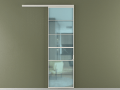 Алюминевая перегородка vd1_04_ Алюминий тёплый серый Сатинированное голубое стекло, триплекс, 6мм. Цвет Алюминий тёплый серый. Материал Алюминий в эмали. Коллекция Перегородка Formato вдоль стены одностворчатая. Картинка.