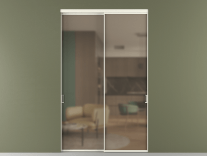 Алюминевая перегородка АЛПР 040.01_АЖМ_Бронза сатин триплекс_new. Цвет Алюминий жемчужный. Материал Алюминий в эмали. Коллекция Перегородка Formato внутри проёма двустворчатая. Картинка.