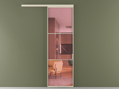 Алюминевая перегородка vd1_03_ Алюминий бежево-серый Прозрачное розовое стекло, триплекс, 6мм. Цвет Алюминий бежево-серый. Материал Алюминий в эмали. Коллекция Перегородка Formato вдоль стены одностворчатая. Картинка.