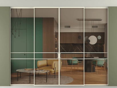 Алюминевая перегородка АЛПР 040.02_АМБ_Бронза триплекс_new. Цвет Алюминий молочно-белый. Материал Алюминий в эмали. Коллекция Перегородка Formato внутри проёма четырёхстворчатая со скрытым креплением в потолок. Картинка.