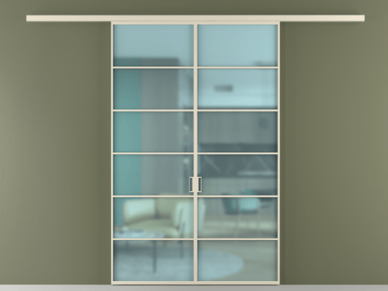 Алюминевая перегородка vd2_04_ Алюминий бежево-серый Сатинированное голубое стекло, триплекс, 6мм. Цвет Алюминий бежево-серый. Материал Алюминий в эмали. Коллекция Перегородка Formato вдоль стены 2 створки. Картинка.