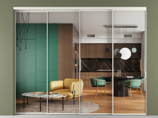 Алюминевая перегородка vn4_01 Crystalvision БЕЛ. Цвет Алюминий Белый. Материал Алюминий. Коллекция Перегородка Formato внутри проёма 4 створки с синхронным механизмом. Картинка.