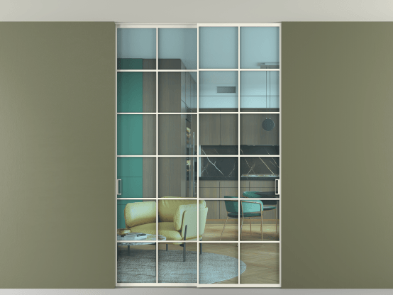 Алюминевая перегородка АЛПР 040.05_АЖМ_ПРОЗ ГОЛ_new. Цвет Алюминий жемчужный. Материал Алюминий в эмали. Коллекция Перегородка Formato внутри проёма скрытое крепление в потолок 2 створки. Картинка.