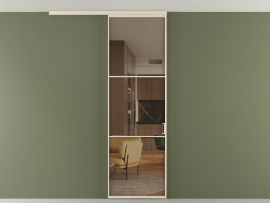 Алюминевая перегородка vd1_03 Алюминий бежево-серый Бронза прозрачное. Цвет Алюминий бежево-серый. Материал Алюминий в эмали. Коллекция Перегородка Формато вдоль стены на потолок 1 створка. Картинка.