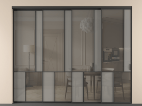 Алюминевая перегородка vntl4_1 ЧЕР. Цвет Алюминий Черный. Материал Алюминий. Коллекция Перегородка Mosaic внутри проёма 4 створки с синхронным механизмом. Картинка.