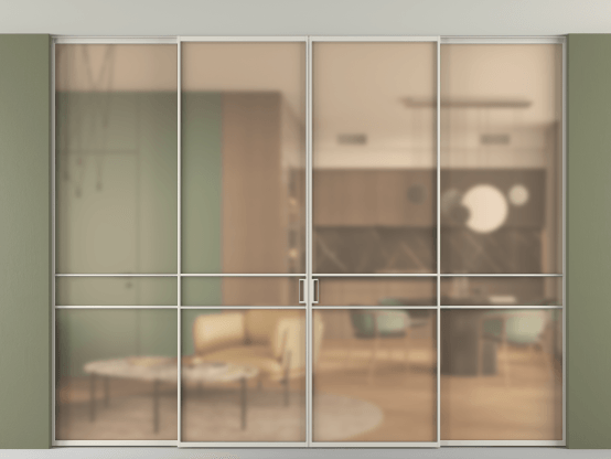 Алюминевая перегородка АЛПР 040.02_АОС_САТ ОРАНЖ_new. Цвет Алюминий облачно-серый. Материал Алюминий в эмали. Коллекция Перегородка Formato внутри проёма скрытое крепление в потолок 4 створки. Картинка.