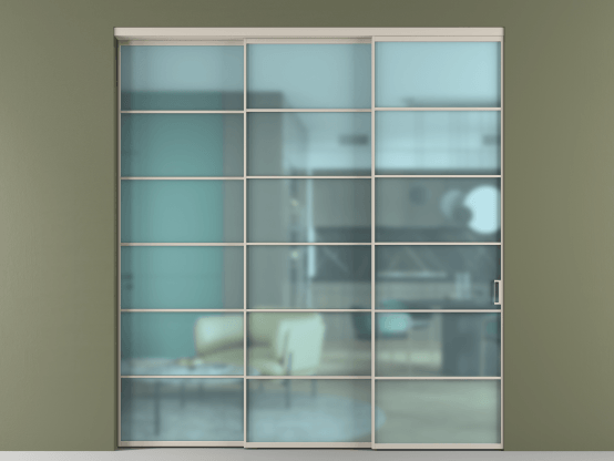 Алюминевая перегородка АЛПР 040.04_АСБЖ_САТ ГОЛ_new. Цвет Алюминий светло-бежевый. Материал Алюминий в эмали. Коллекция Перегородка Formato внутри проёма 3 створки с синхронным механизмом. Картинка.