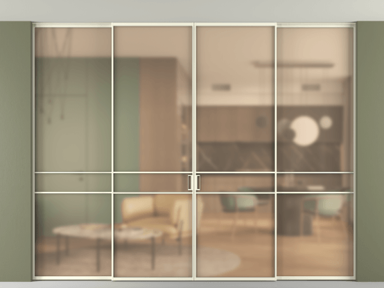 Алюминевая перегородка АЛПР 040.02_АМБ_САТ ОРАНЖ_new. Цвет Алюминий молочно-белый. Материал Алюминий в эмали. Коллекция Перегородка Formato внутри проёма скрытое крепление в потолок 4 створки. Картинка.