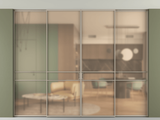 Алюминевая перегородка АЛПР 040.02_АБСК_САТ ОРАНЖ_new. Цвет Алюминий бисквитный. Материал Алюминий в эмали. Коллекция Перегородка Formato внутри проёма скрытое крепление в потолок 4 створки. Картинка.