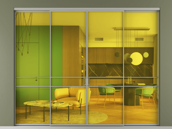 Алюминевая перегородка АЛПР 040.02_АНСР_ПРОЗ ЖЕЛ_new. Цвет Алюминий нейтральный серый. Материал Алюминий в эмали. Коллекция Перегородка Formato внутри проёма 4 створки. Картинка.