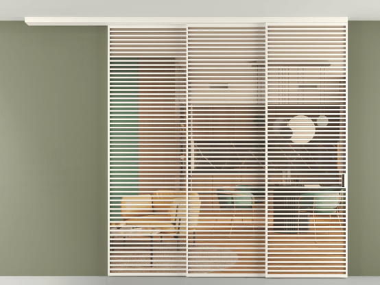 Алюминевая перегородка pv3_07_ Алюминий пудровый белый Прозрачное оранжевое стекло, триплекс, 6мм. Цвет Алюминий пудровый белый. Материал Алюминий в эмали. Коллекция Перегородка Formato вдоль стены на потолок 3 створки с синхронным механизмом. Картинка.