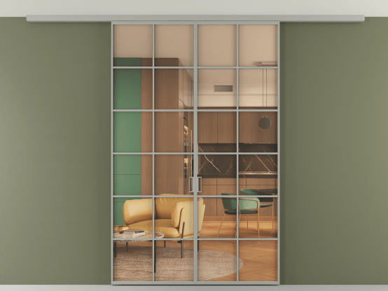 Алюминевая перегородка АЛПР 040.05_АНСР_ПРОЗ ОРАНЖ_new. Цвет Алюминий нейтральный серый. Материал Алюминий в эмали. Коллекция Перегородка Formato вдоль стены на потолок 2 створки. Картинка.