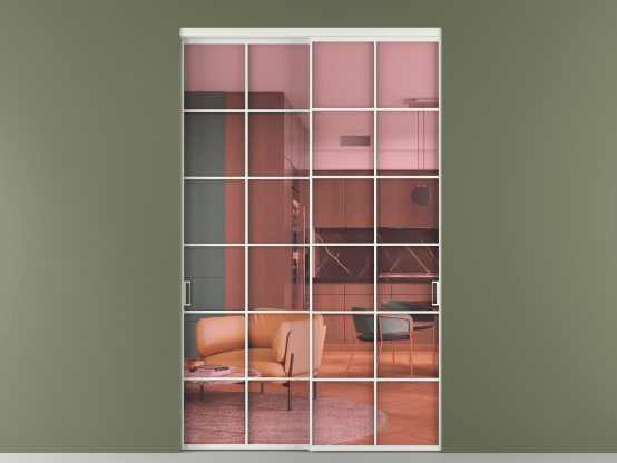 Алюминевая перегородка vn2_05_ Алюминий светло-серый Прозрачное розовое стекло, триплекс, 6мм. Цвет Алюминий светло-серый. Материал Алюминий в эмали. Коллекция Перегородка Formato внутри проёма 2 створки. Картинка.