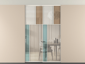 Алюминевая перегородка vntp2_4 Алюминий пудровый белый Четыре стекла. Цвет Алюминий пудровый белый. Материал Алюминий в эмали. Коллекция Перегородка Mosaic внутри проёма скрытое крепление в потолок 2 створки. Картинка.