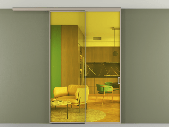 Алюминевая перегородка АЛПР 040.01_АБСК_ПРОЗ ЖЕЛ_new. Цвет Алюминий бисквитный. Материал Алюминий в эмали. Коллекция Перегородка Formato вдоль стены на потолок 2 створки с синхронным механизмом. Картинка.