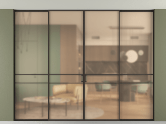 Алюминевая перегородка АЛПР 040.02_ААН_САТ ОРАНЖ_new. Цвет Алюминий антрацит. Материал Алюминий в эмали. Коллекция Перегородка Formato внутри проёма скрытое крепление в потолок 4 створки. Картинка.