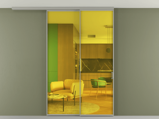 Алюминевая перегородка АЛПР 040.01_АНСР_ПРОЗ ЖЕЛ_new. Цвет Алюминий нейтральный серый. Материал Алюминий в эмали. Коллекция Перегородка Formato вдоль стены на потолок 2 створки с синхронным механизмом. Картинка.