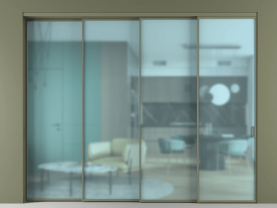 Алюминевая перегородка АЛПР 040.01_АОТ_САТ ГОЛ_new. Цвет Алюминий оливковый тёмный. Материал Алюминий в эмали. Коллекция Перегородка Формато внутри проёма 4 створки с синхронным механизмом. Картинка.