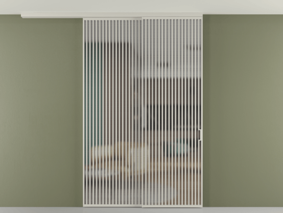 Алюминевая перегородка pv2_2_06_ Алюминий тёплый серый Mesh silver. Цвет Алюминий тёплый серый. Материал Алюминий в эмали. Коллекция Перегородка Formato вдоль стены на потолок 2 створки с синхронным механизмом. Картинка.