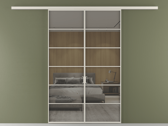 Алюминевая перегородка АЛПР 040.04_АОС_Stopsol Grey_new. Цвет Алюминий облачно-серый. Материал Алюминий в эмали. Коллекция Перегородка Formato вдоль стены 2 створки. Картинка.