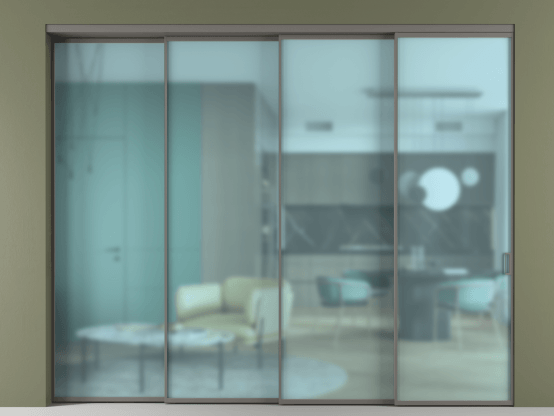 Алюминевая перегородка АЛПР 040.01_АКЛС_САТ ГОЛ_new. Цвет Алюминий классический серый. Материал Алюминий в эмали. Коллекция Перегородка Формато внутри проёма 4 створки с синхронным механизмом. Картинка.