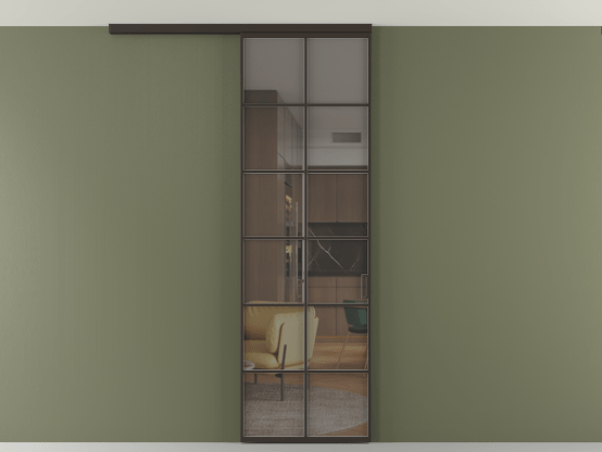 Алюминевая перегородка АЛПР 040.05_ААН_Серый триплекс_new. Цвет Алюминий антрацит. Материал Алюминий в эмали. Коллекция Перегородка Формато вдоль стены на потолок 1 створка. Картинка.