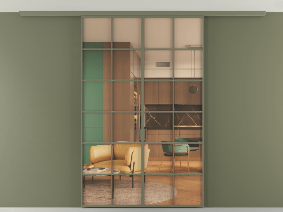 Алюминевая перегородка АЛПР 040.05_АОТ_ПРОЗ ОРАНЖ_new. Цвет Алюминий оливковый тёмный. Материал Алюминий в эмали. Коллекция Перегородка Formato вдоль стены на потолок 2 створки. Картинка.